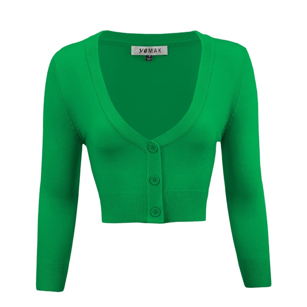 YEMAK Women's Cropped 3/4 Sleeve Cardigan Sweater Bright Green S